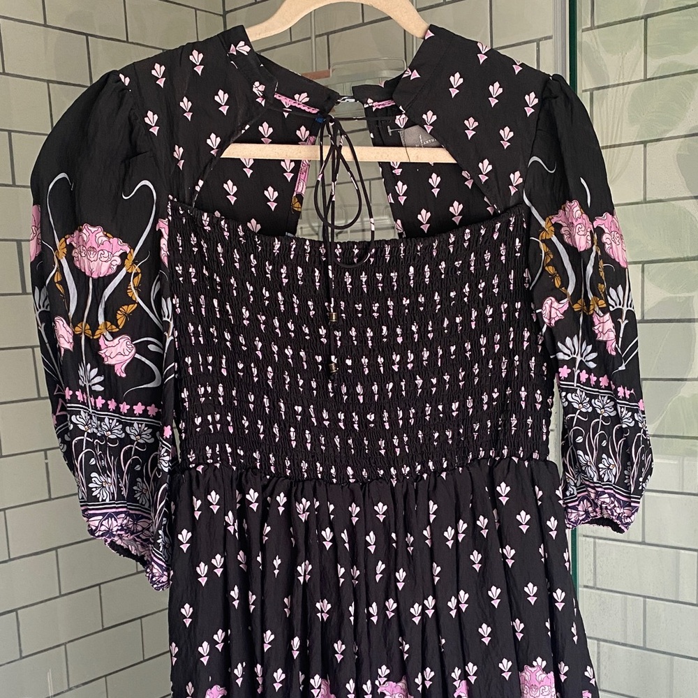 Anthropologie Black Midi Dress with Pink Floral Print